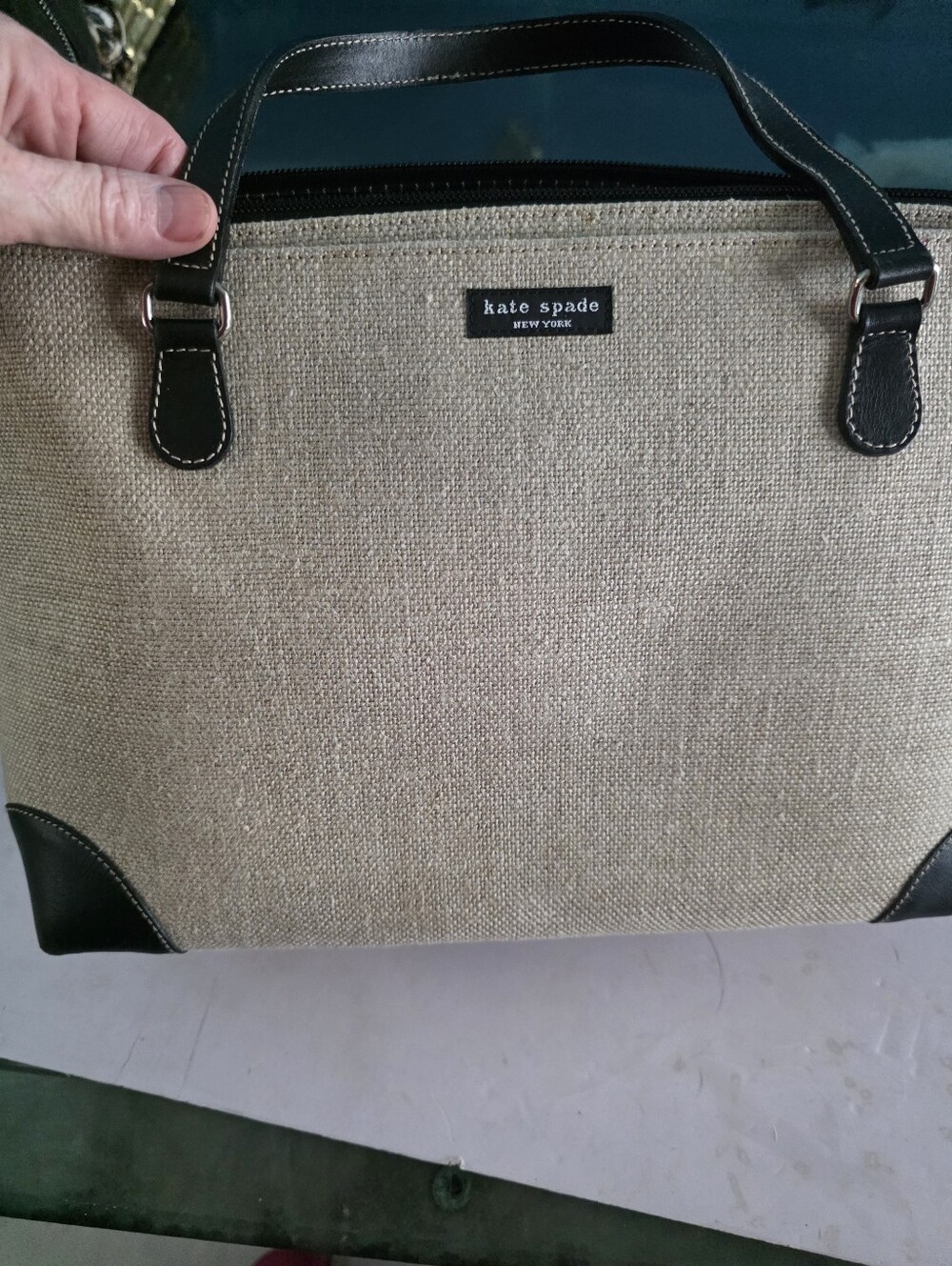 New Kate Spade Beige Canvas Tote with Black Trim